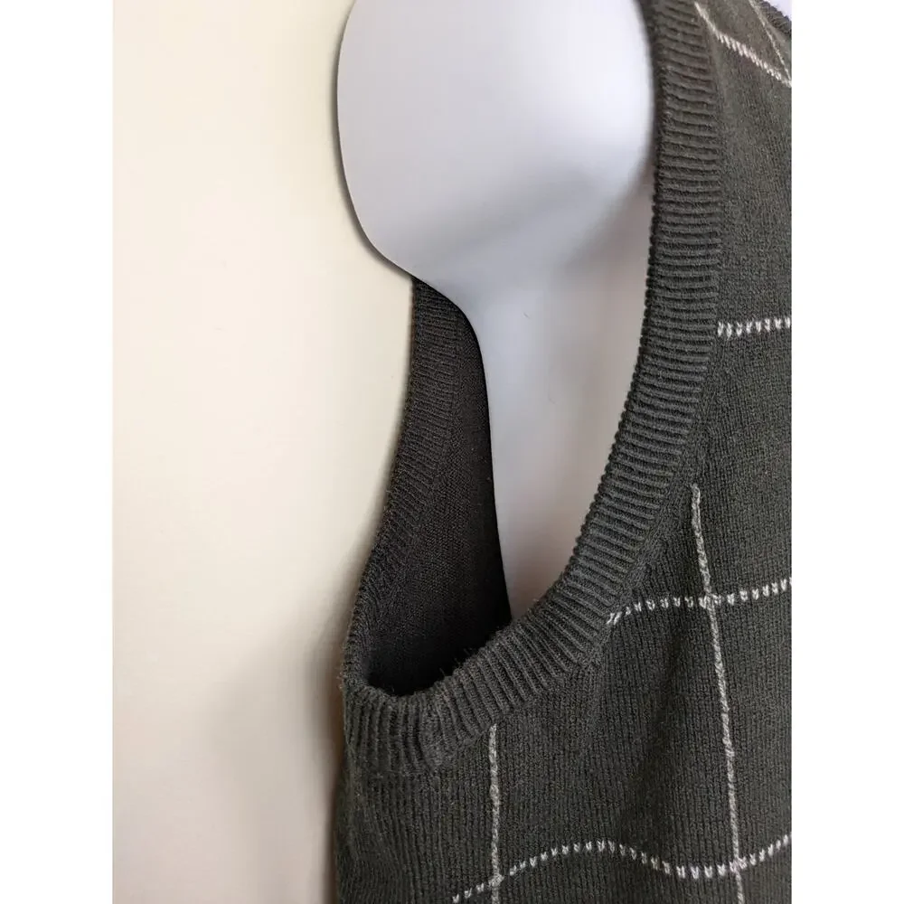 Geoffrey Beene Mens Sweater Vest Large Black Tan Check V-Neck Retro Preppy Knit